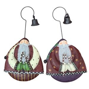 Set of 2 Rustic Folk Art Style Santa Claus Christmas Hang Ornaments with Bells